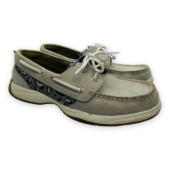 🍀SPERRY Women’s Gray Leopard Lace Up Moc Toe Boat Shoes Slip On Loafers Size 7M - Picture 2 of 11